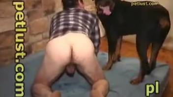 Mustached man endures intense anal penetration in the dominant doggy-style position.