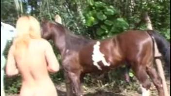 Golden-haired slut craves to sample the never-ending stallion dick in her throat