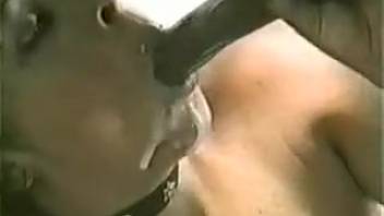 Woman in collar demonstrating her blowjob abilities on video