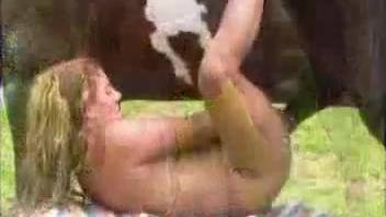 Golden-haired vixen gulps down the stallion's shaft messily