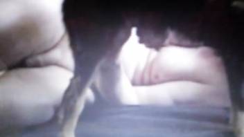 Chubby guy orally penetrated by an erect cock monster