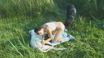 Fabulous amateur babe fucking her fave dog in the grass