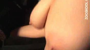 Busty nude babe and retriever engaged in steamy sexual encounter